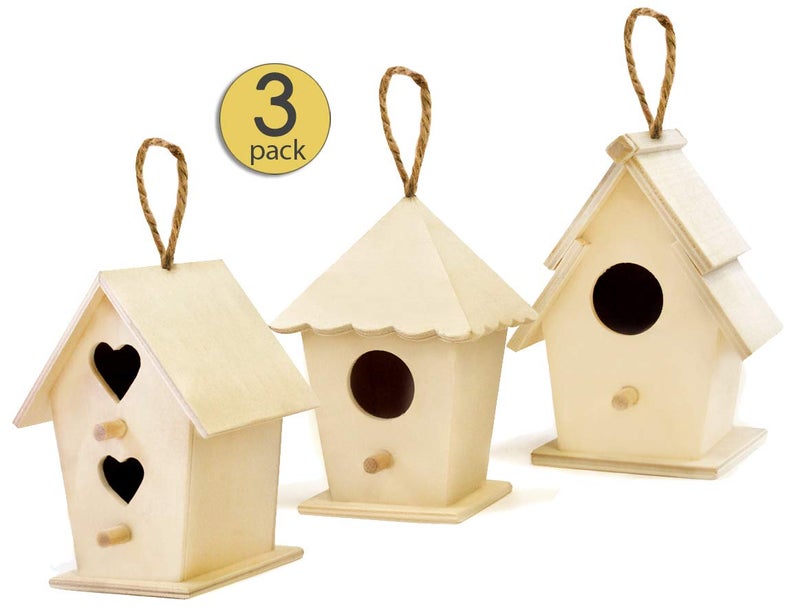 AoneFun 3 Pack Unfinished Wooden Bird Houses to Paint for Kids & Adults Mini Bird Feeder Houses to Decorate with Cord for Hanging Unpainted DIY Arts & Crafts Craft Bird Houses Approx 4.5" Tall - Image 1